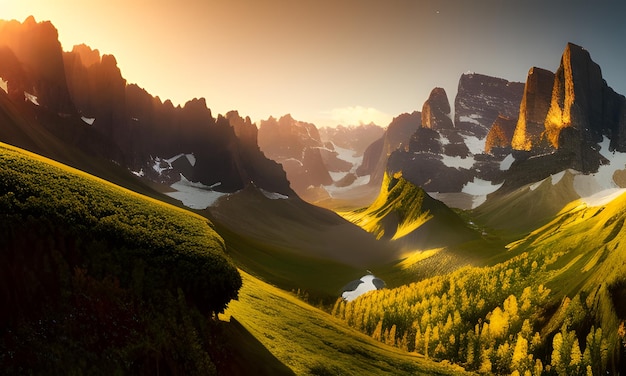 Górski krajobraz z zielonym krajobrazem i górą z zachodem słońca w tle.