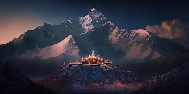 Górski krajobraz ze świątynią na szczycie