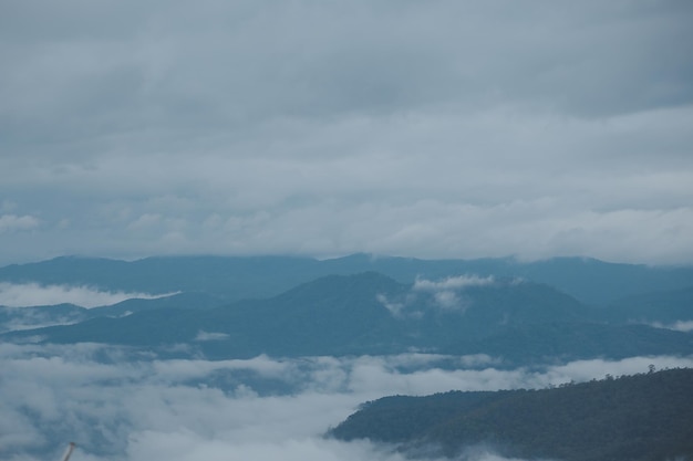 Górski pas z widocznymi sylwetkami w porannej niebieskiej mgle