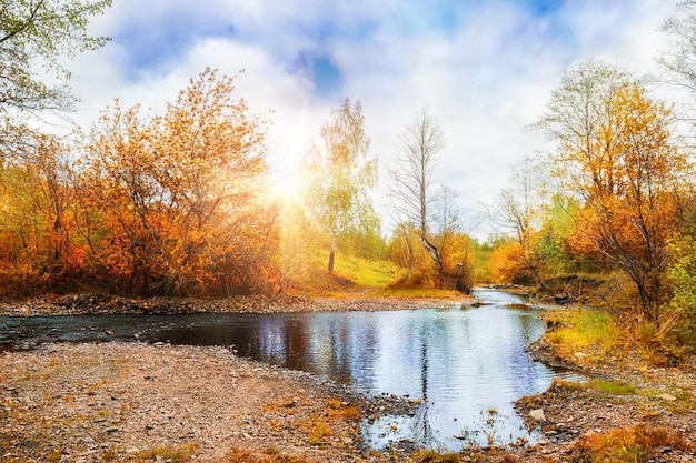 Górski potok, las jesień krajobraz o zachodzie słońca. Ural Południowy, Rosja. Kreatywny efekt tonowania