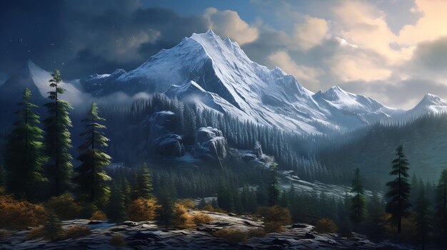 górski samotny koń na pierwszym planie lasy otaczające panoramiczne grafiki używane jasny śnieg pokryty