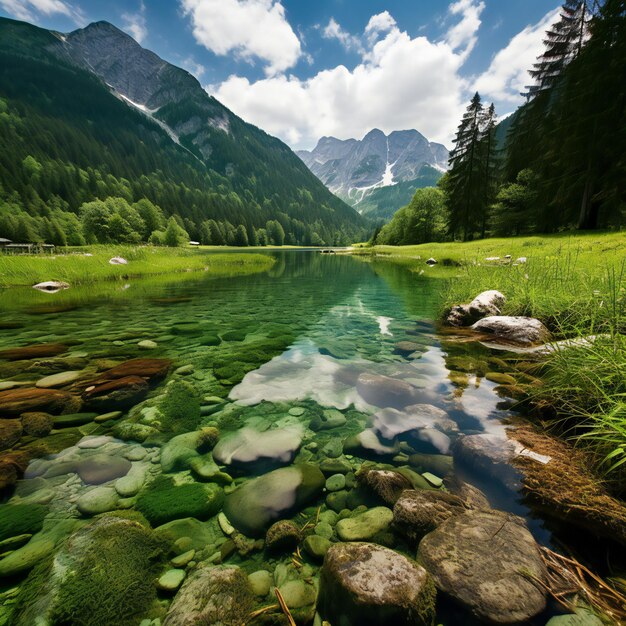 Zdjęcie górskie jezioro w dolomitach włochy letni krajobraz