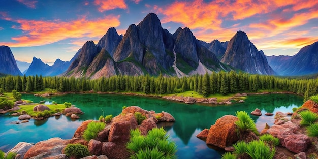 Górskie jezioro z kolorowym niebem i drzewami w tle.