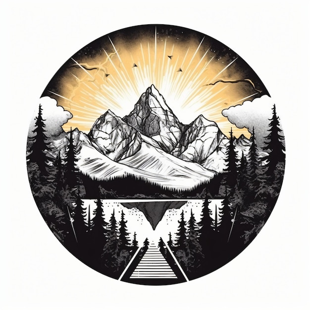 Górskie logo czarno-białe logo tshirt design tatuaż rysunek gór z jeziorem wodospadu