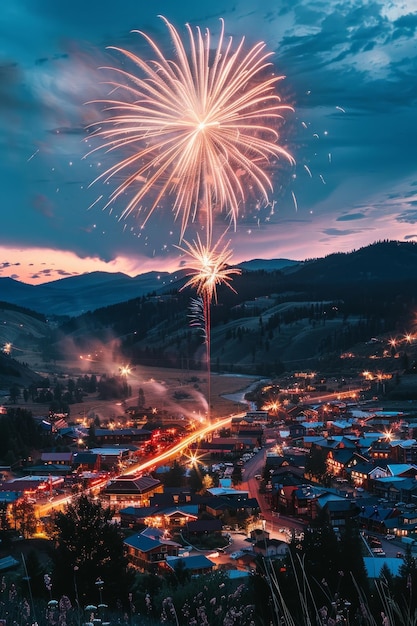 Górskie miasteczko rozkoszuje się wspaniałością fajerwerków świątecznych świateł rzucających ciepły blask