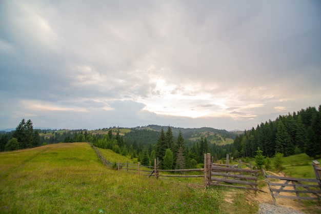 Górskie wzgórza czysta natura krajobrazu wiejskiego. Ogrodzenie z bali drewnianych.