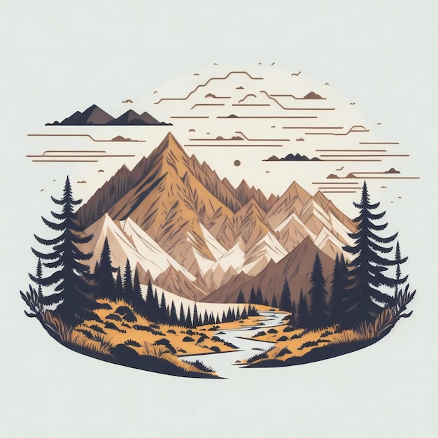 Góry drzewa i jezioro Ai generowane ilustracja w stylu retro