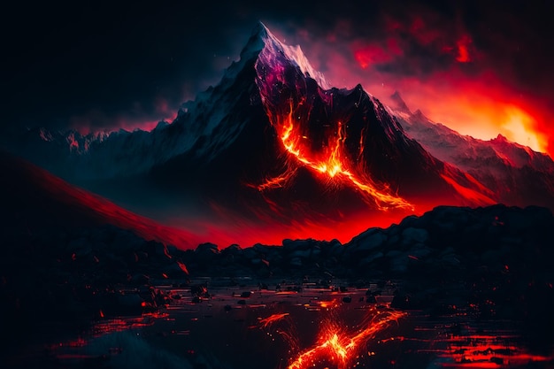 Góry Everest jako tło eterycznego krajobrazu nawiedzają mroczną fantazję o zmierzchu z ogniem