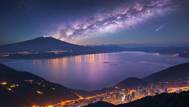 Góry i jeziora z pięknym fioletowym tłem galaktycznym