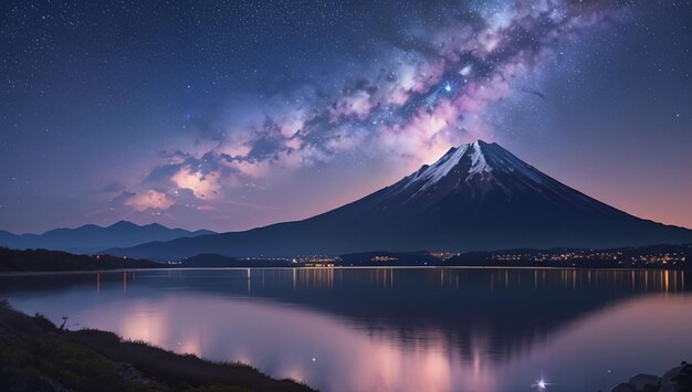 Góry i jeziora z pięknym fioletowym tłem galaktycznym