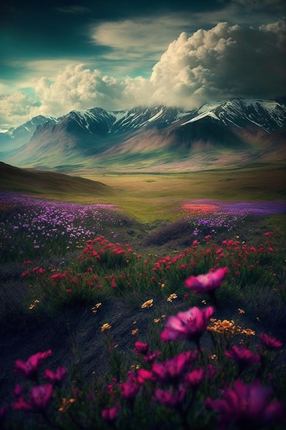 góry i kwiaty na polu z chmurnym niebem generatywny ai