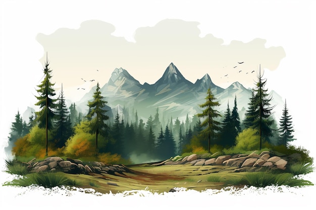 Góry i las we mgle Malarstwo cyfrowe Ilustracja wektorowa