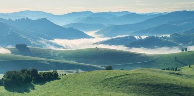 Góry i wzgórza w porannej mgle w dolinie