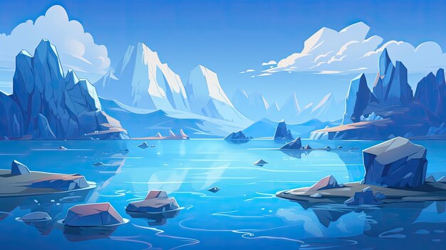 Góry otaczają jezioro pływającymi lodowcami Generatywna sztuczna inteligencja