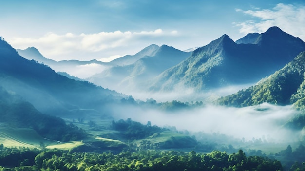 Góry pod mgłą o poranku niesamowita przyroda
