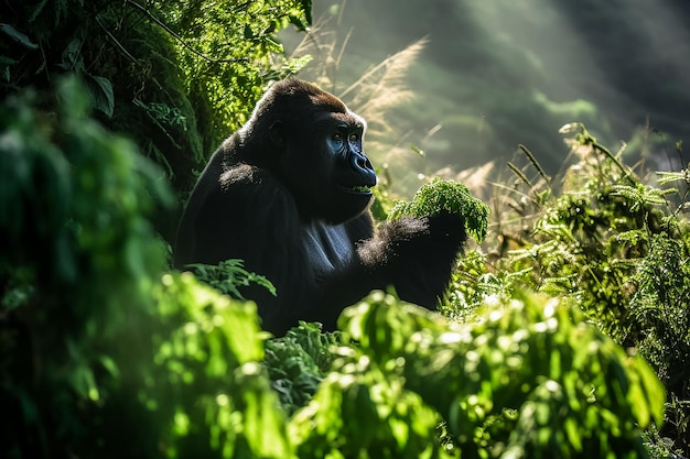 goryl górski Gorilla beringei beringei jedzenie ziół w zielonym i bajkowym lesie