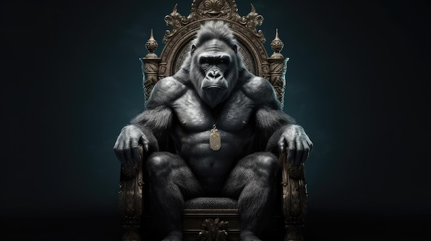 Goryl siedzi na tronie z tabliczką z napisem „Król goryli”.