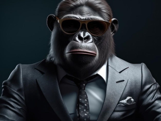 Zdjęcie goryl ubrany w garnitur biznesowy i noszący okulary