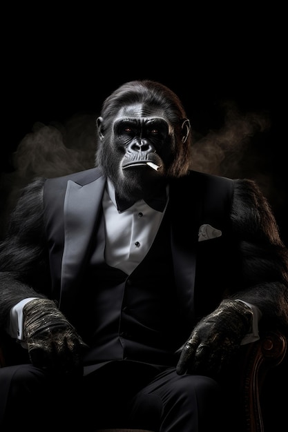 Zdjęcie goryl w garniturze i palący papierosa