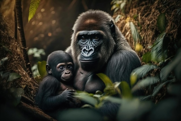 Goryl z młodym w naturalnym środowisku Generatywna sztuczna inteligencja