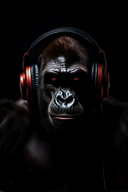 Zdjęcie goryl z słuchawkami na czarnym tle
