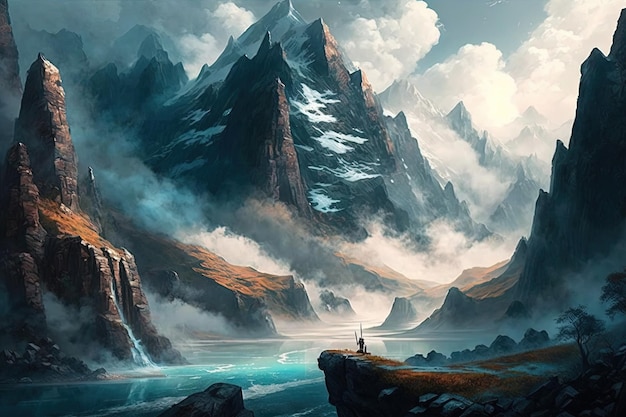 Górzyste rzeki i desolate fantasy ustawienie oszałamiające chmury i mgła