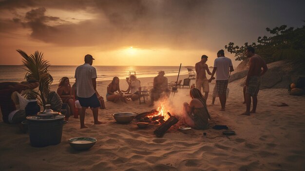 Goście gromadzą się wokół zadymionego grilla podczas grillowania na plaży w tropikalnym regionie The Generative AI