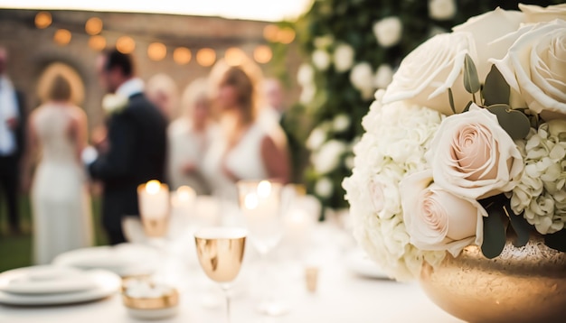 Zdjęcie goście weselni świętują w pięknym miejscu na świeżym powietrzu w słoneczny dzień pomysł na luksusową dekorację ślubną i inspirację dekoracyjną z uroczystością kwiatową w posiadłości ogrodowej generative ai