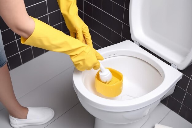 Gospodyni sprząta toaletę szczotką Ręce w żółtych gumowych rękawiczkach Łazienka