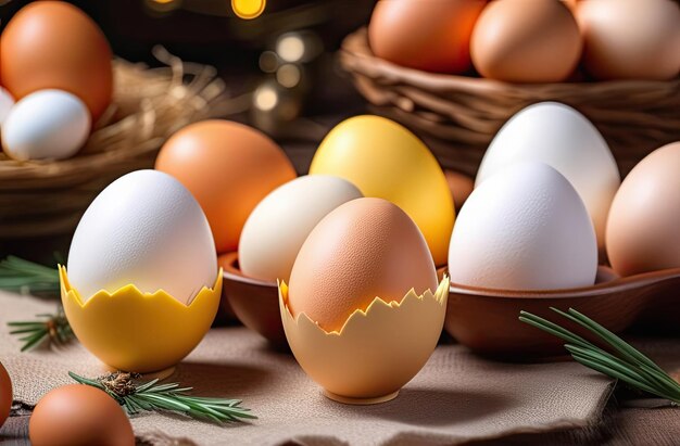 Gotowane jaja kurczaka na stole na talerzu miękko gotowane jaja z płynnym żółtkiem popularne śniadanie śniadanie wielkanocne i wiejski dekor AI generowane