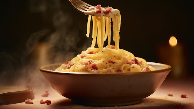 Gotowane na parze Spaghetti Carbonara Twirl Zbliżenie Pikantne danie włoskie Generująca sztuczna inteligencja