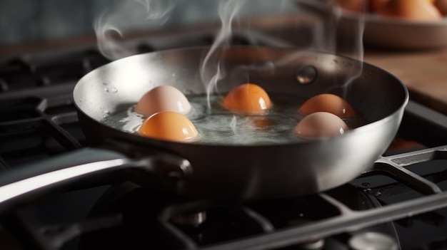 Gotowanie jajek na patelni na kuchence gazowej w kuchnigenerative ai