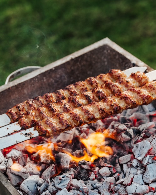 Zdjęcie gotowanie mięsa kebabowego z szaszłykami na grillu.