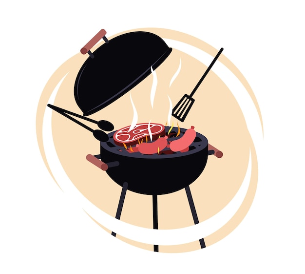Gotowanie steku na grillu Sprzęt do gotowania produktów mięsnych z stojakiem impreza barbecue lub dekoracja menu Kiełbaski i hamburgery na ogniu posiłek barbecue Koncepcja wektora izolowanego płaskiego kreskówki