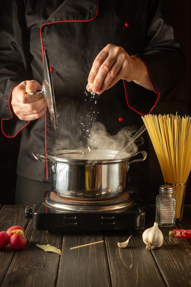 Zdjęcie gotowanie włoskiego spaghetti w kuchni