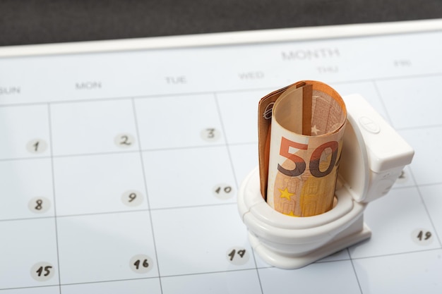 Gotówka euro w miniaturowej zabawkowej muszli klozetowej na tle kalendarza Pojęcie nieplanowanych wydatków i budżetu miesięcznego