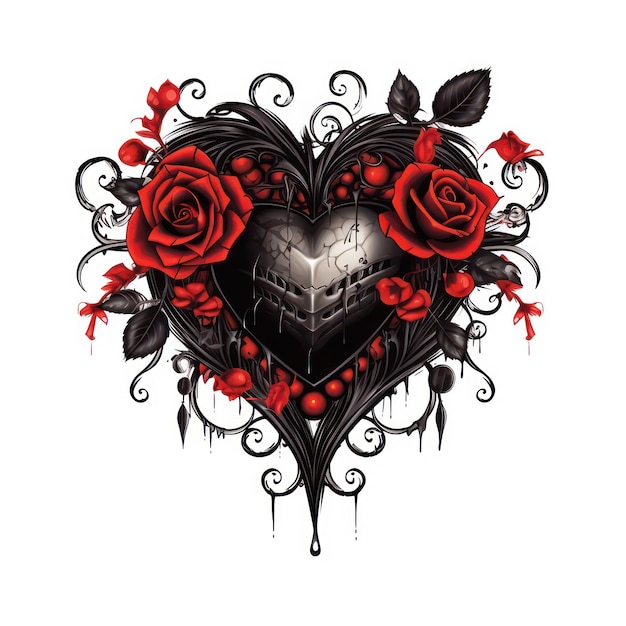 gotycka grafika wektorowa czarne serce z czerwonych róż ciemny klimat na białym tle
