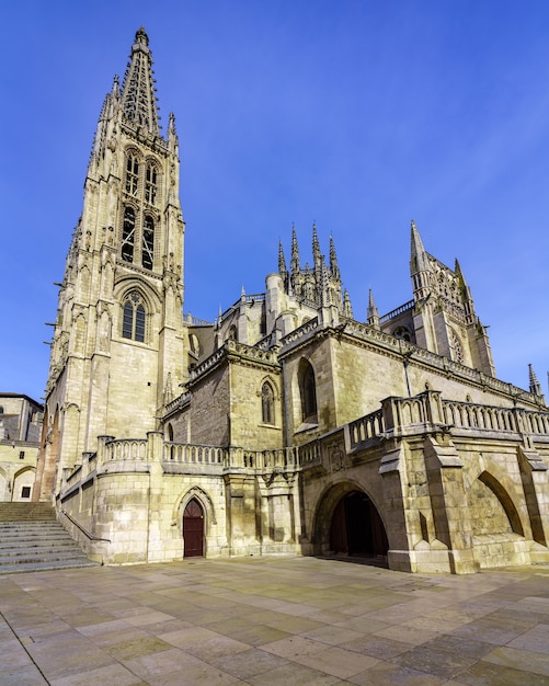 Gotycka Katedra W Burgos Za Dnia I Bezchmurnie. Zdjęcie Szerokokątne. Castilla Leon.