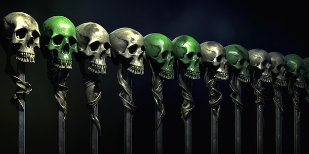 gotycka laska wykonana z czaszek i kości owiniętych skórą świecącą na zielono