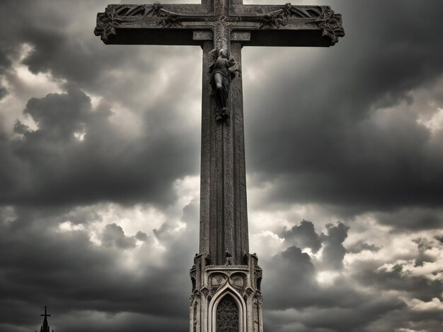 Gotycki krzyż katedry stoi wysoko na tle dramatycznego nieba.