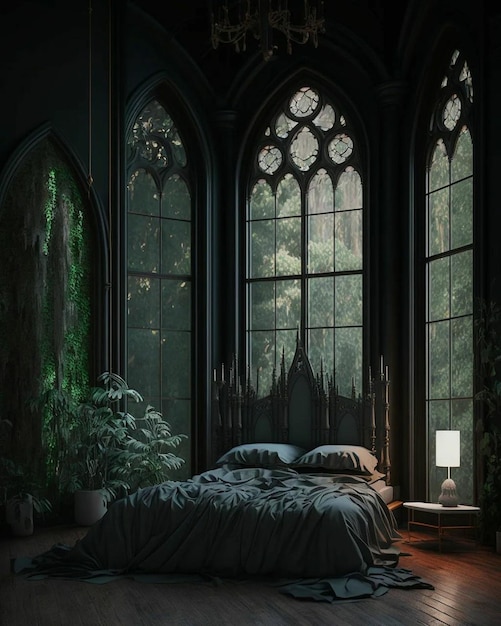 Gotycki pokój z łóżkiem i lampą