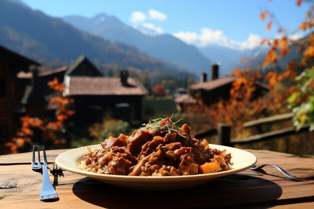 Zdjęcie goulash z widokiem restauracje na świeżym powietrzu wysokiej jakości fotografia goulash