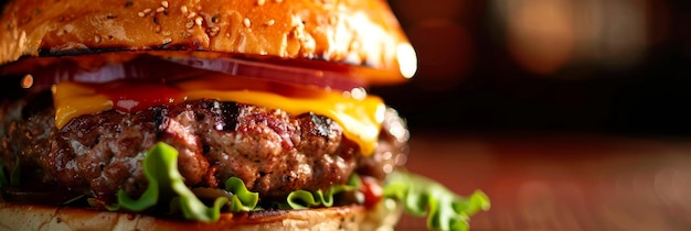 gourmet burger podkreślający soczyste patty roztopiony ser i świeże dodatki w wspaniałych szczegółach Generatywna sztuczna inteligencja