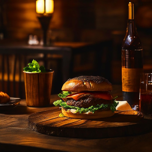 Gourmet Cheeseburger na rustykalnym stole w tawernie słabo oświetlona restauracja w tle