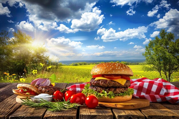 Zdjęcie gourmet cheeseburger z letnim grillem na tle