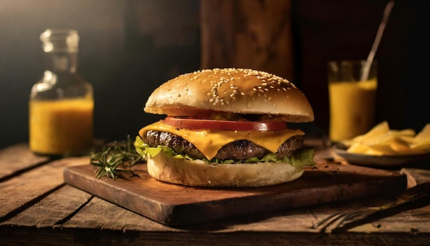 Zdjęcie gourmet cheeseburguer rustykalny stół