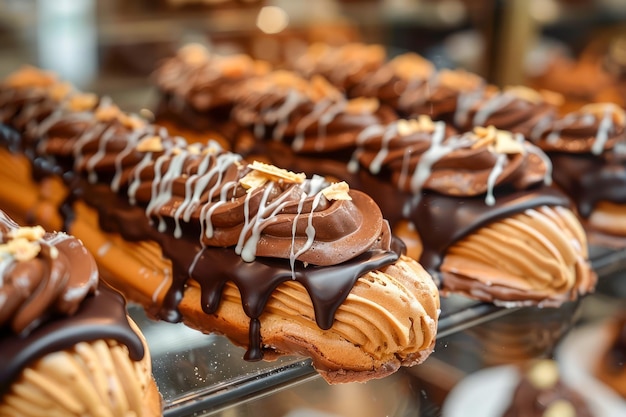 Zdjęcie gourmet chocolate drizzled eclairs z kremowym wypełnieniem na wystawie w ekskluzywnej cukierni