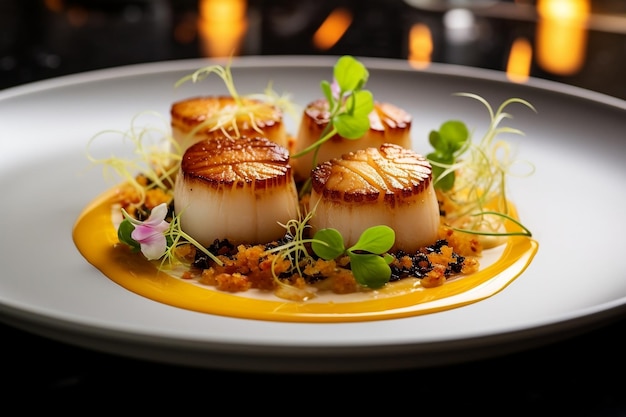 Gourmet Delight Scallops w restauracji z gwiazdką Michelin Generative Ai