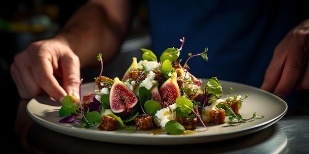 Gourmet dish pięknie zaprezentowany na talerzu świeża sałatka z fig w eleganckiej prezentacji kulinarne przyjemności dla amatorów jedzenia idealne dla inspiracji projektowania menu AI