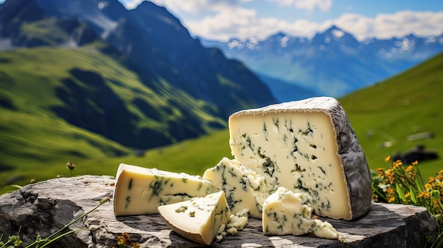 Zdjęcie gourmet gorgonzola cheese z widokiem na góry